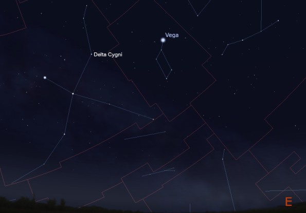Cygnus rising in the NE at midnight, created using Stellarium
