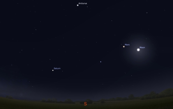 Saturn, Mars, and Arcturus make a prominent triangle in the south at midnight, 10/11 May (created using Stellarium)