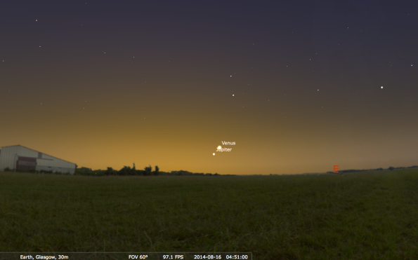 Venus-Jupiter conjunction this morning, 0450BST 16 August 2014